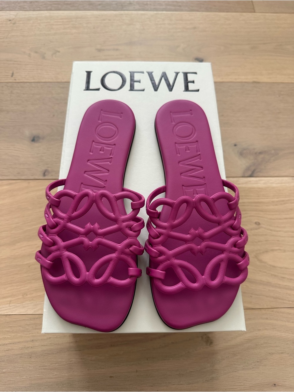 *NIB* Loewe Fuchsia Anagram Petal Leather Slide Sandals